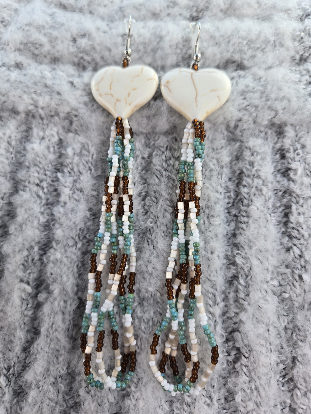 Beaded Heart Shell Drop Earrings in White, Brown & Turquoise